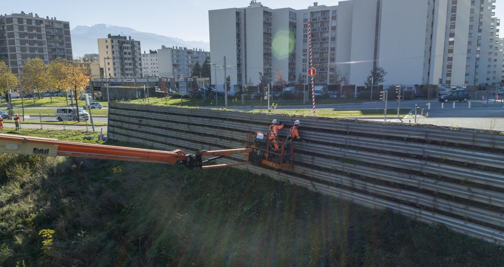 Des ouvriers de l'entreprise Espaces Verts du Dauphiné lors des travaux de plantation au niveau du parc Joseph Vallier