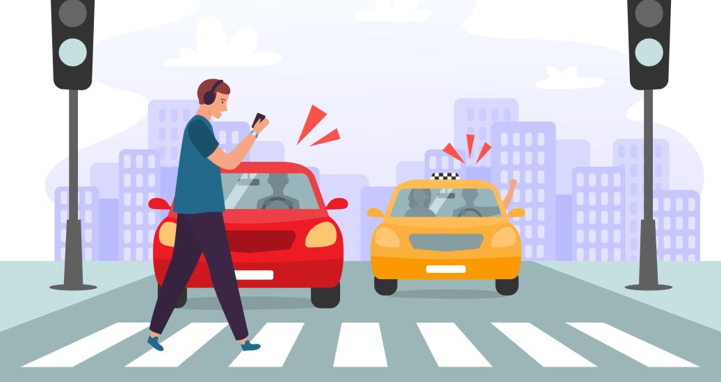 Dessin d'illustration d'un piéton traversant la route les yeux rivés sur son téléphone portable