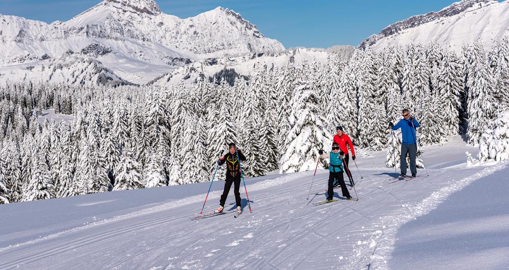 Image d'illustration d'une famille pratiquant le ski de fond dans un décor enneigé