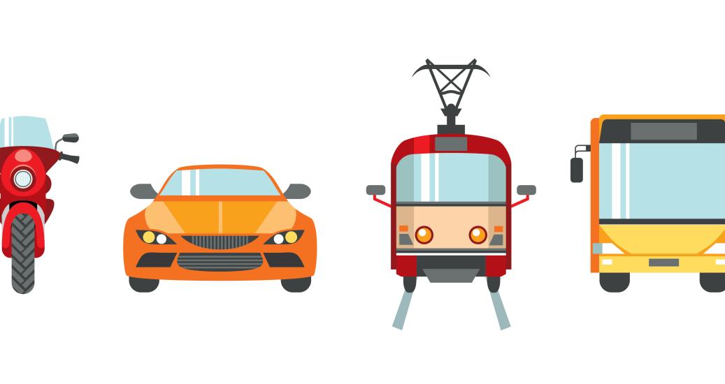 Dessin d'un moto, d'une voiture, d'un tram et d'un bus.