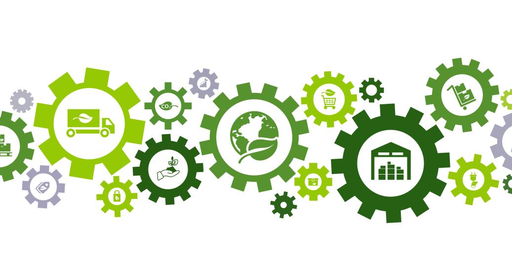 Illustration de rouages verts avec à l'intérieur des camions et des entrepôts
