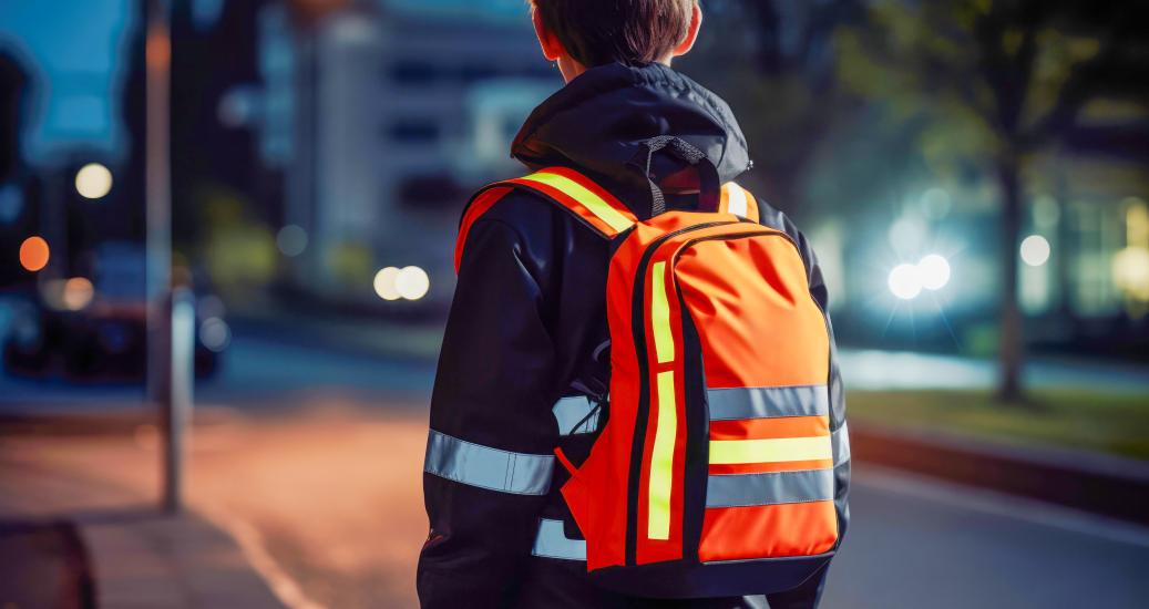 Safety First: Children, dressed in reflective clothes, uphold safety rules while walking the street at twilight, minimizing the dangers associated with the evening risk