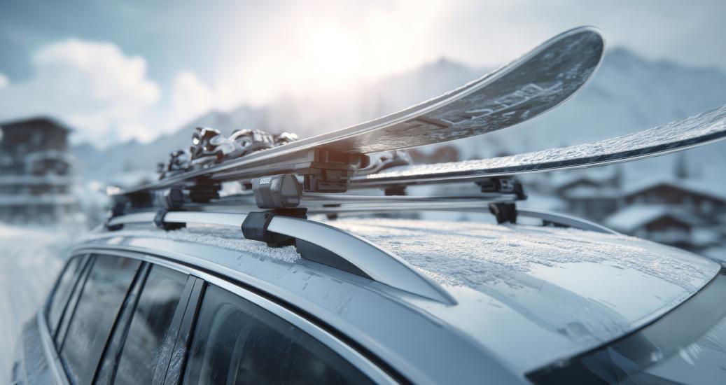 Voiture avec des skis sur le toit