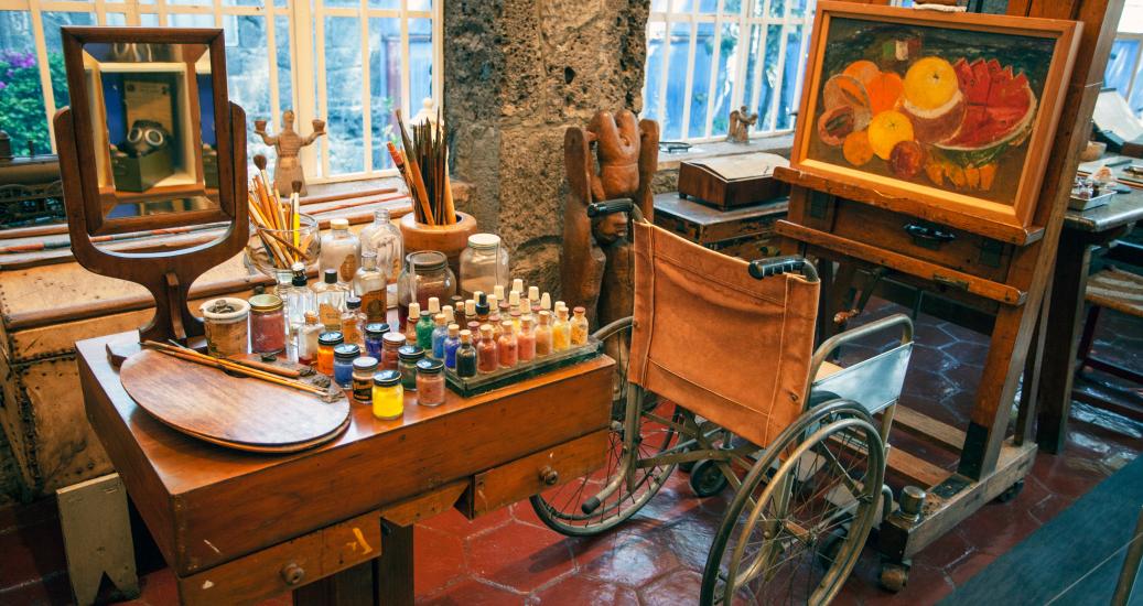 COYOACAN, MEXICO - MARCH 24, 2022: Work room fro painting in the Blue House (La Casa Azul), historic house and art museum dedicated to the life and work of Mexican artist Frida Kahlo