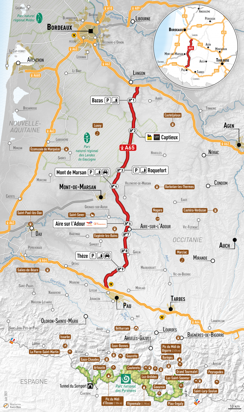 carte du réseau A'liénor: l'autoroute A65