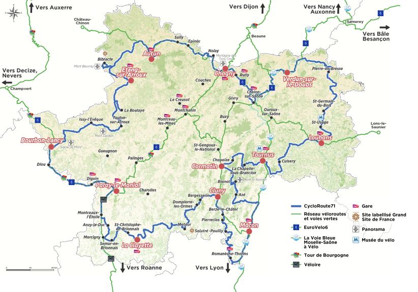 Carte du parcours de la Cycloroute71, avec les 12 villes étapes