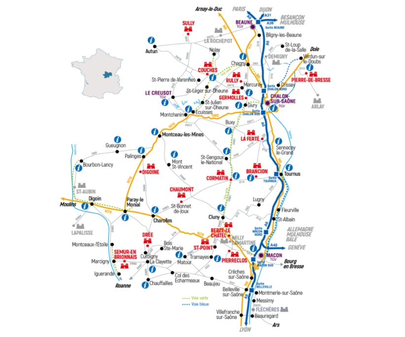 Plan de tous les Châteaux faisant partie de l'association La Route des Châteaux en Bourgogne du Sud