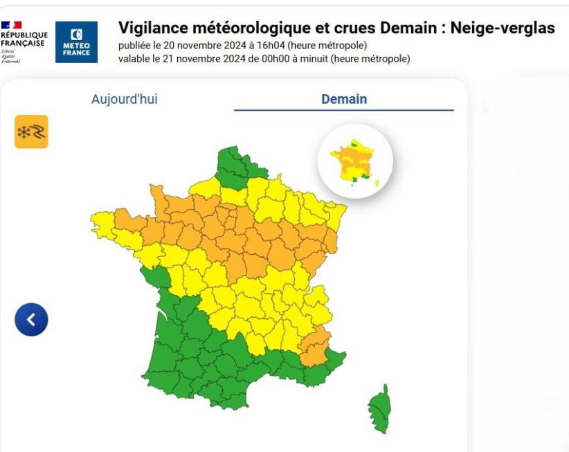 VIGILANCE METEO FRANCE NEIGE VERGLAS JEUDI 21/11/2024