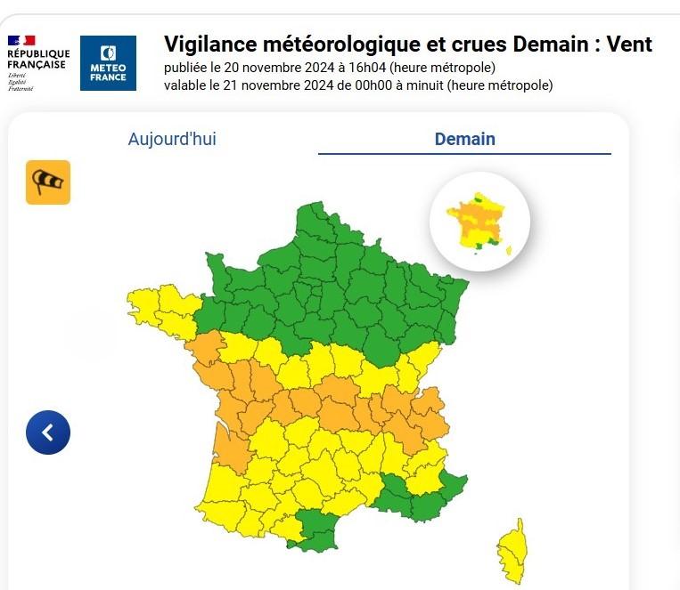 VIGILANCE METEO FRANCE VENT JEUDI 21/11/2024