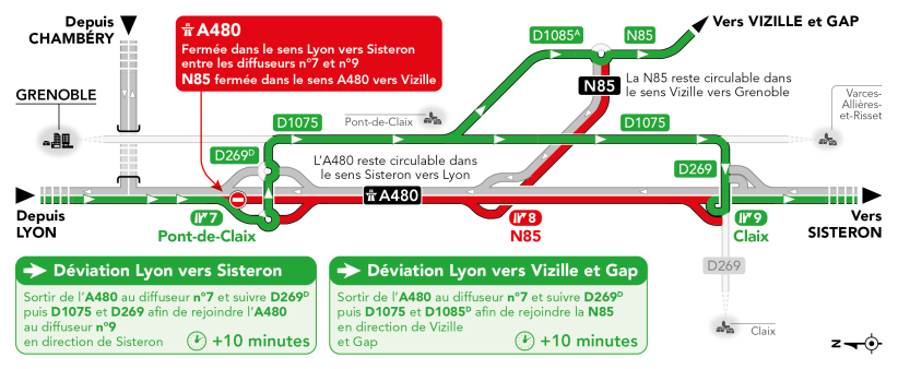 A480 Carte de déviation entre les sorties n°7 et n°9 