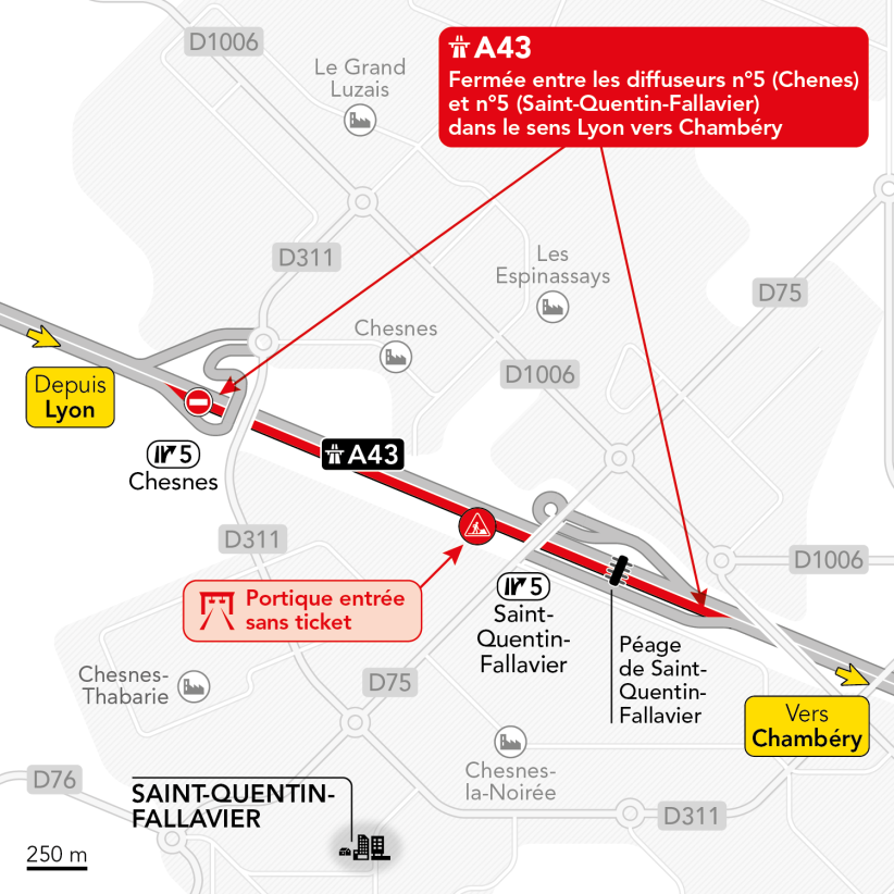 Carte de fermeture de l'A43 entre Chesnes et Saint-Quentin-Fallavier