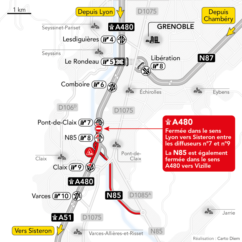 Carte de fermeture de l'A480entre Pont-de-Claix et Claix