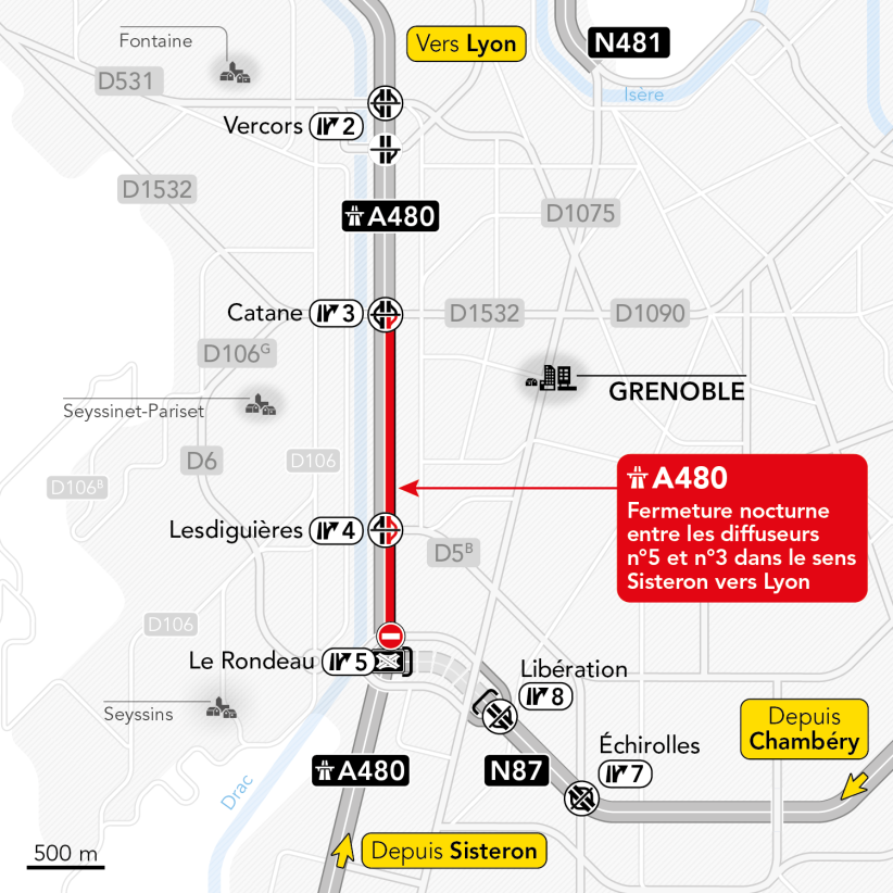 AREA-A480-carte de fermeture entre les sorties 5 et 3 en direction de Lyon