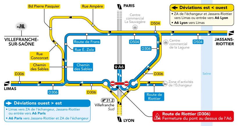 Schéma des déviations activées pendant la fermeture du pont situé route de Riottier
