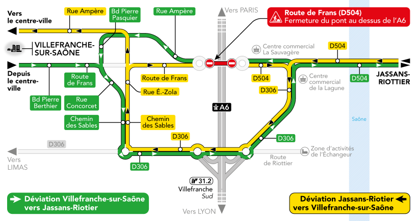 Schéma des déviations activées pendant la fermeture du pont situé route de Frans